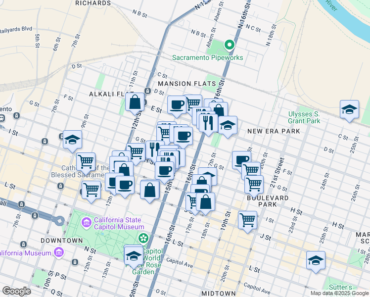 map of restaurants, bars, coffee shops, grocery stores, and more near 728 16th Street in Sacramento
