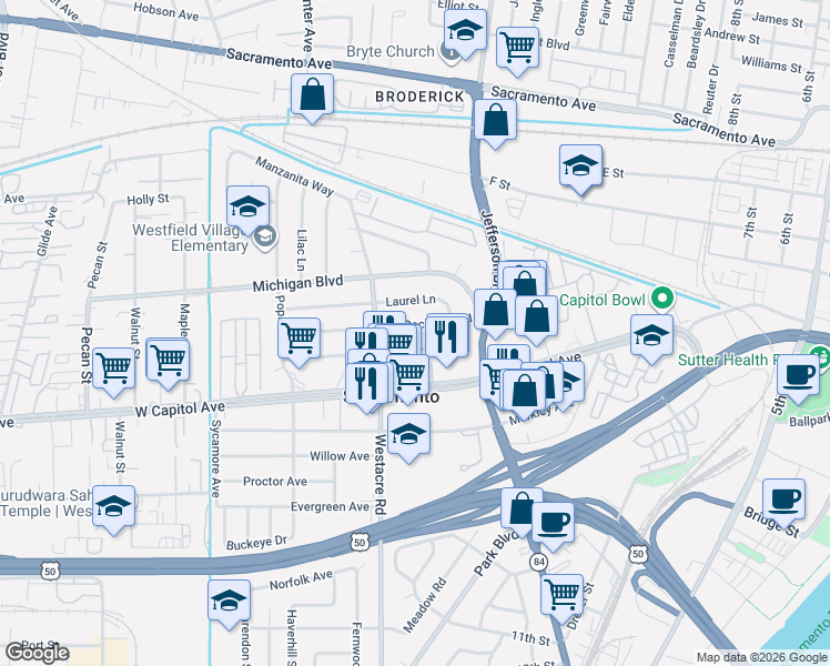 map of restaurants, bars, coffee shops, grocery stores, and more near 1621 Madrone Avenue in West Sacramento