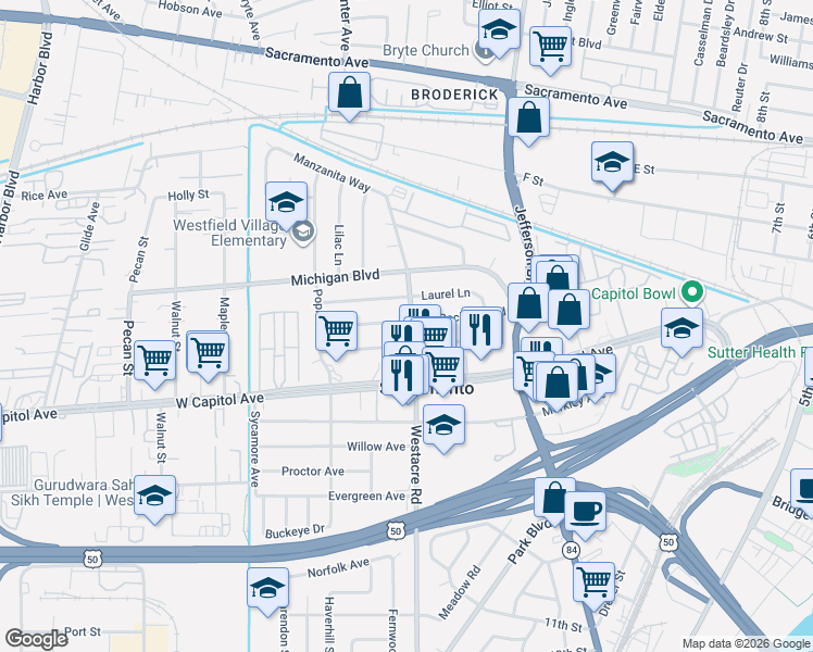 map of restaurants, bars, coffee shops, grocery stores, and more near in West Sacramento