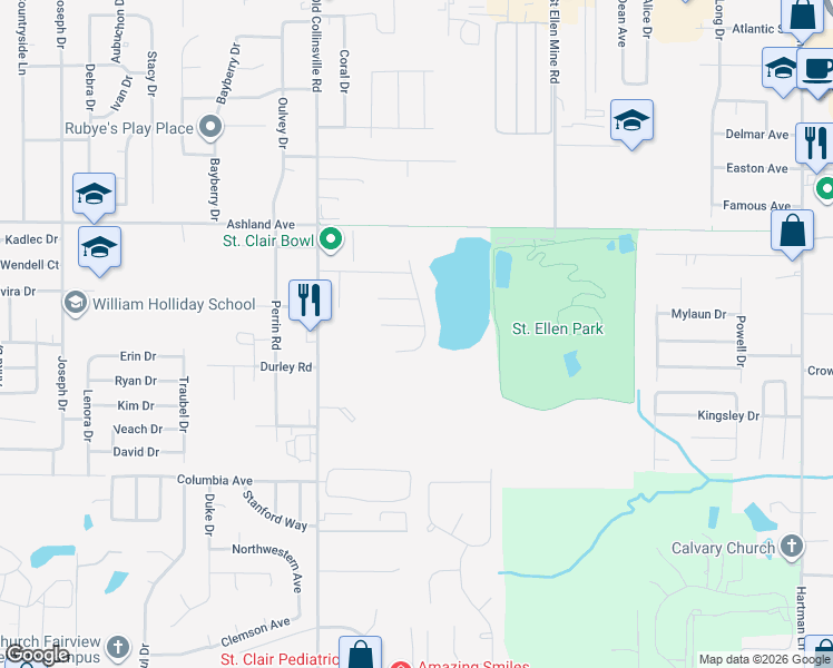map of restaurants, bars, coffee shops, grocery stores, and more near 5626 Arrow Ridge Road in Fairview Heights