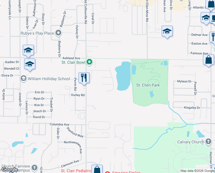 map of restaurants, bars, coffee shops, grocery stores, and more near 5626 Arrow Ridge Road in Fairview Heights