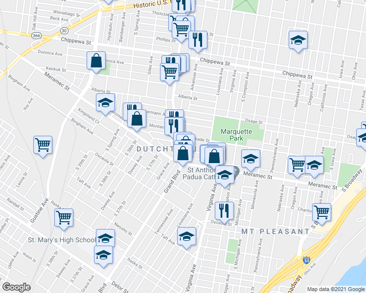 map of restaurants, bars, coffee shops, grocery stores, and more near 4135 South Grand Boulevard in St. Louis