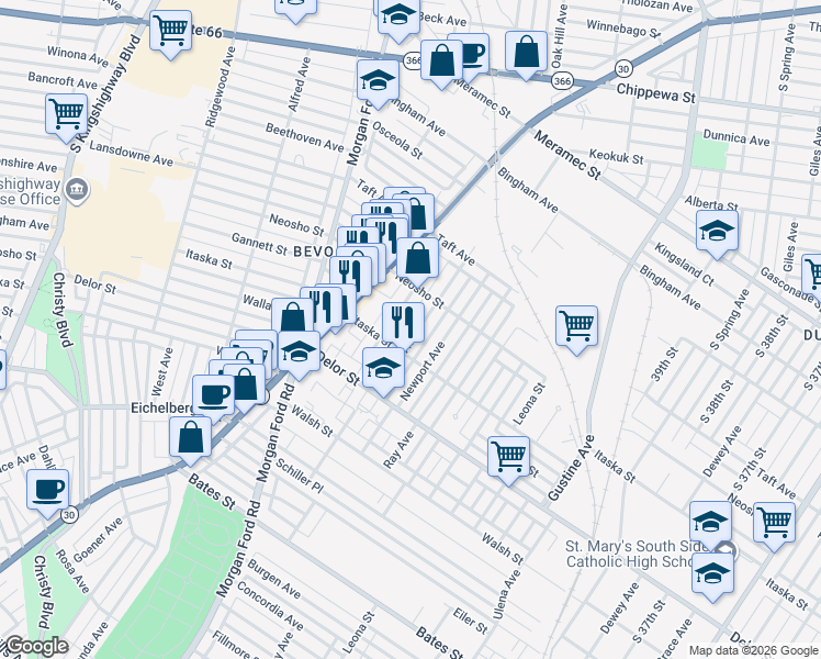 map of restaurants, bars, coffee shops, grocery stores, and more near 4650 Adkins Avenue in St. Louis