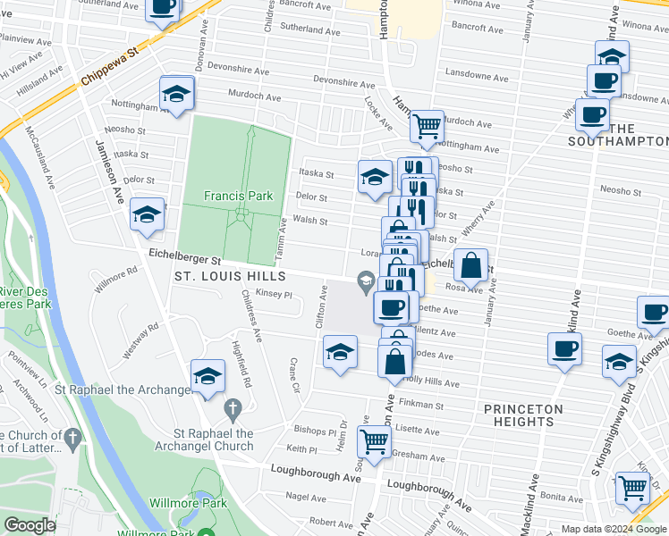 map of restaurants, bars, coffee shops, grocery stores, and more near 6211 Eichelberger Street in St. Louis