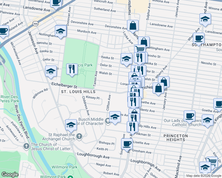 map of restaurants, bars, coffee shops, grocery stores, and more near 6211 Eichelberger Street in St. Louis