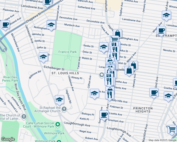 map of restaurants, bars, coffee shops, grocery stores, and more near 6211 Eichelberger Street in St. Louis