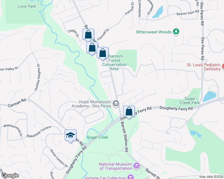 map of restaurants, bars, coffee shops, grocery stores, and more near 2538 Barrett Springs Drive in Ballwin