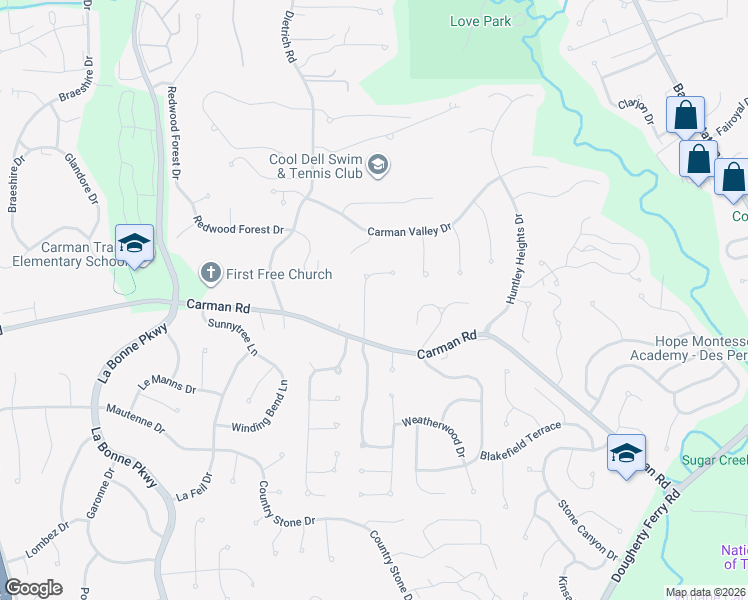map of restaurants, bars, coffee shops, grocery stores, and more near 686 Carman Meadows Drive in Ballwin