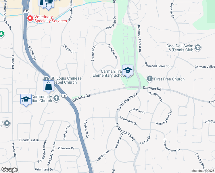 map of restaurants, bars, coffee shops, grocery stores, and more near 1216 Carman Road in Ballwin