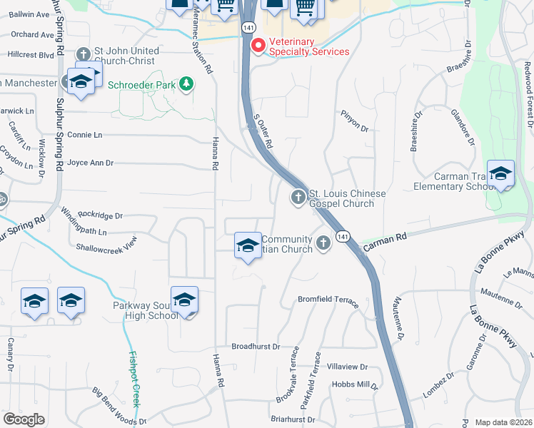 map of restaurants, bars, coffee shops, grocery stores, and more near 938 Queensbridge Road in Ballwin