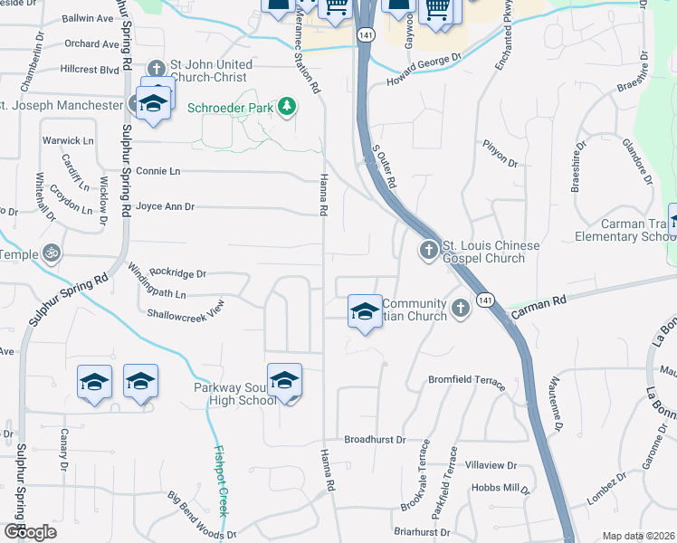 map of restaurants, bars, coffee shops, grocery stores, and more near 567 Bridgebend Road in Ballwin