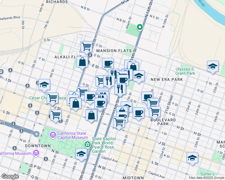 map of restaurants, bars, coffee shops, grocery stores, and more near 728 16th Street in Sacramento