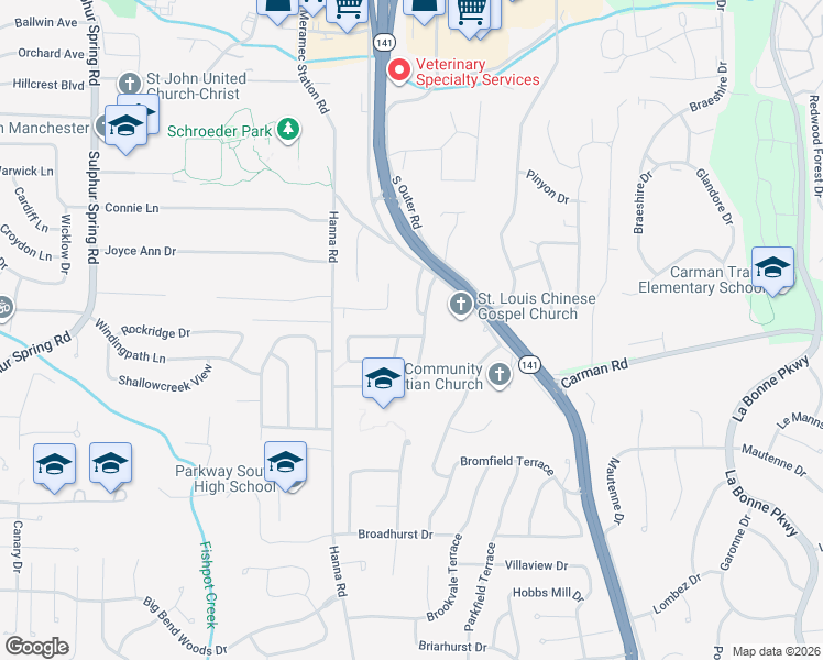map of restaurants, bars, coffee shops, grocery stores, and more near 938 Queensbridge Road in Ballwin