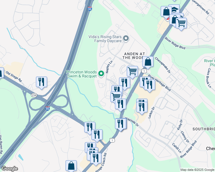 map of restaurants, bars, coffee shops, grocery stores, and more near 17050 Capri Lane in Dumfries