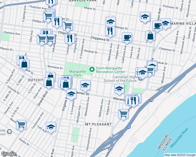 map of restaurants, bars, coffee shops, grocery stores, and more near 4051 Pennsylvania Avenue in St. Louis