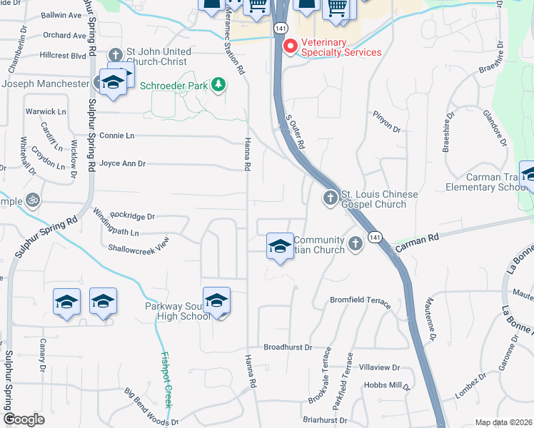 map of restaurants, bars, coffee shops, grocery stores, and more near 567 Bridgebend Road in Ballwin