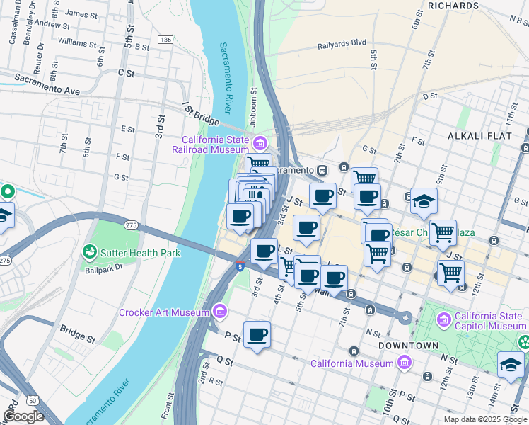 map of restaurants, bars, coffee shops, grocery stores, and more near 1111 2nd Street in Sacramento
