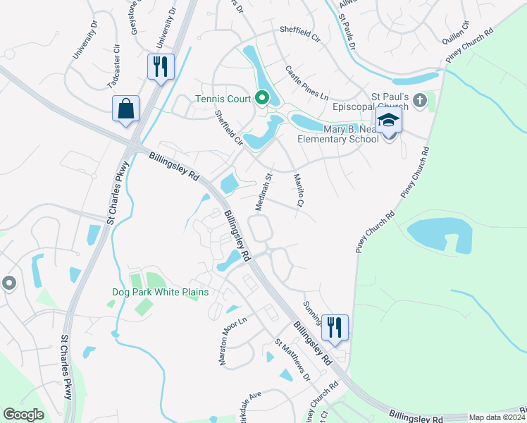 map of restaurants, bars, coffee shops, grocery stores, and more near 4953 Olympia Place in Saint Charles