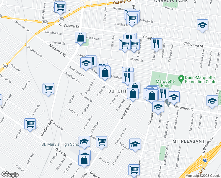 map of restaurants, bars, coffee shops, grocery stores, and more near 3732-3734 Meramec Street in St. Louis