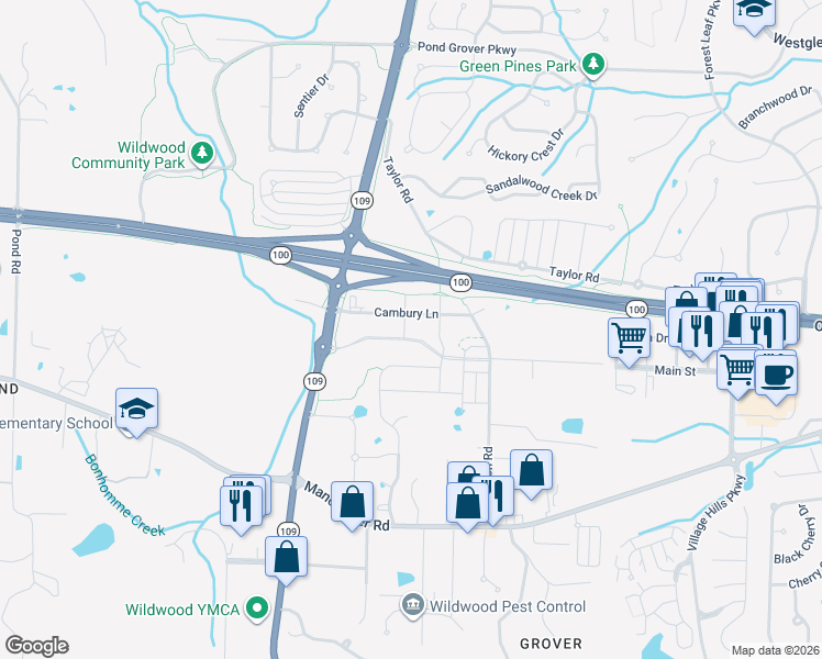 map of restaurants, bars, coffee shops, grocery stores, and more near 2526 Larksong Drive in Wildwood
