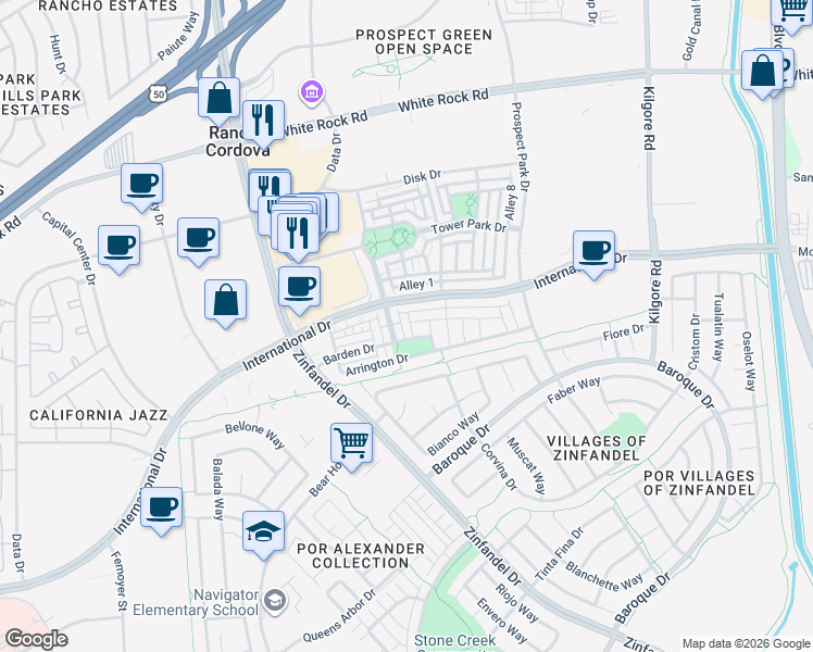map of restaurants, bars, coffee shops, grocery stores, and more near 10900 Barden Drive in Rancho Cordova