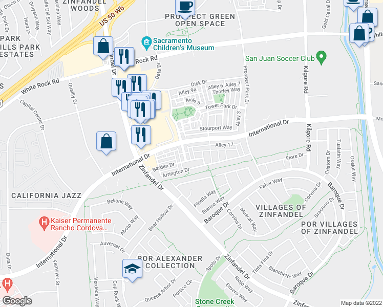 map of restaurants, bars, coffee shops, grocery stores, and more near 3230 Chelmer Way in Rancho Cordova