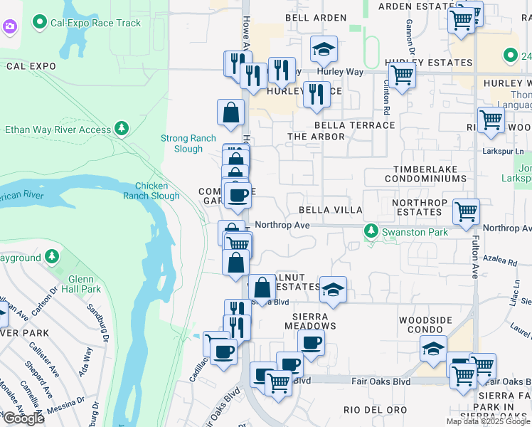 map of restaurants, bars, coffee shops, grocery stores, and more near 2227 Northrop Avenue in Sacramento