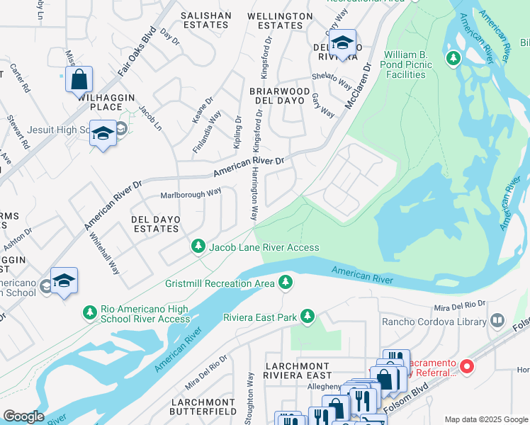 map of restaurants, bars, coffee shops, grocery stores, and more near 1060 Sand Bar Circle in Carmichael