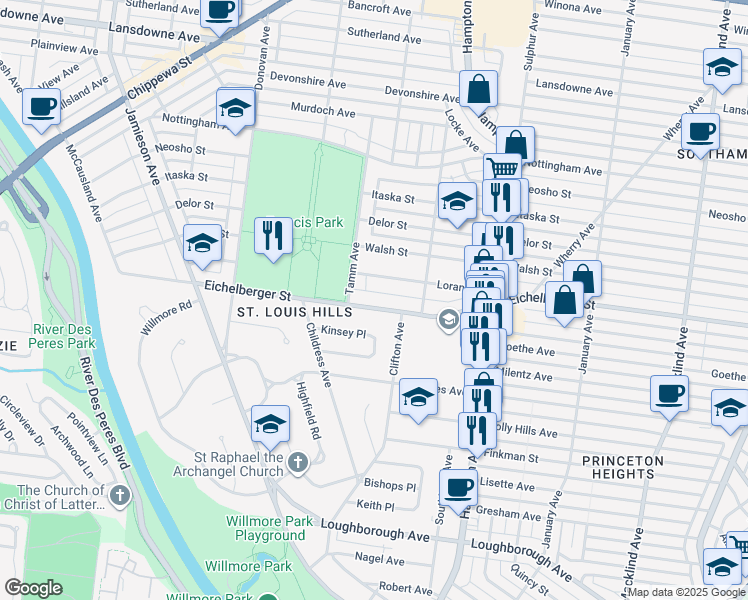 map of restaurants, bars, coffee shops, grocery stores, and more near 6230 Eichelberger Street in St. Louis