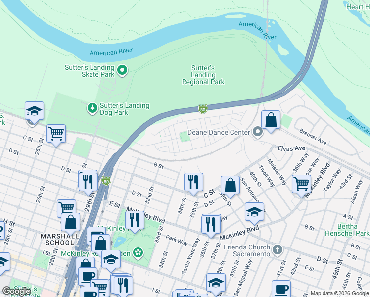 map of restaurants, bars, coffee shops, grocery stores, and more near 3222 Dullanty Way in Sacramento