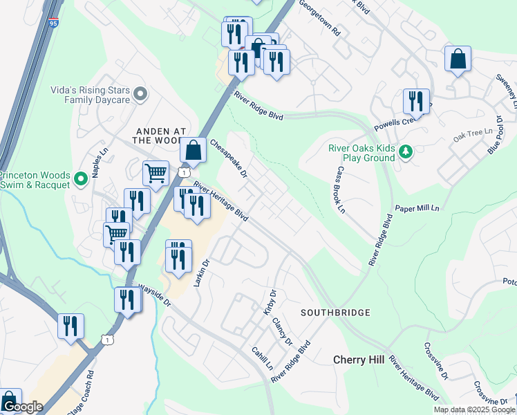 map of restaurants, bars, coffee shops, grocery stores, and more near 16858 Porters Inn Drive in Dumfries