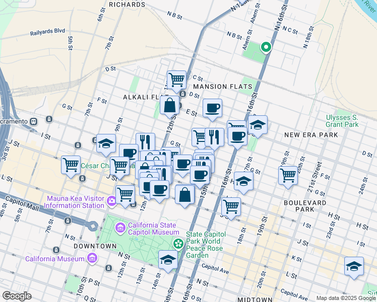 map of restaurants, bars, coffee shops, grocery stores, and more near 1310 G Street in Sacramento