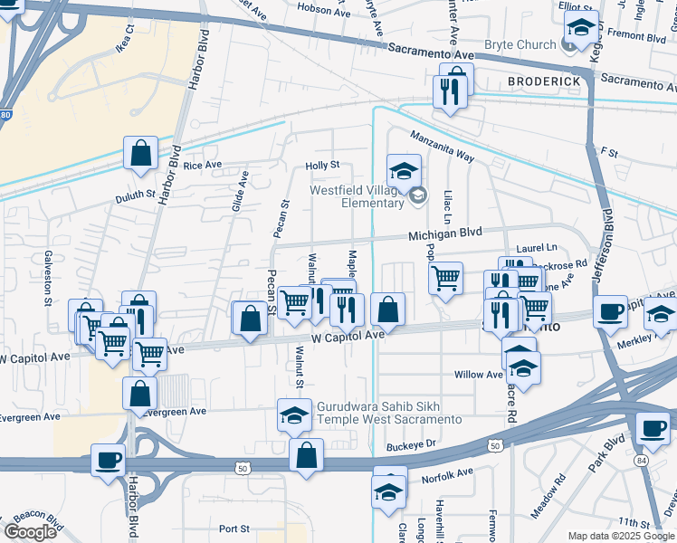 map of restaurants, bars, coffee shops, grocery stores, and more near 701 Cedar Street in West Sacramento