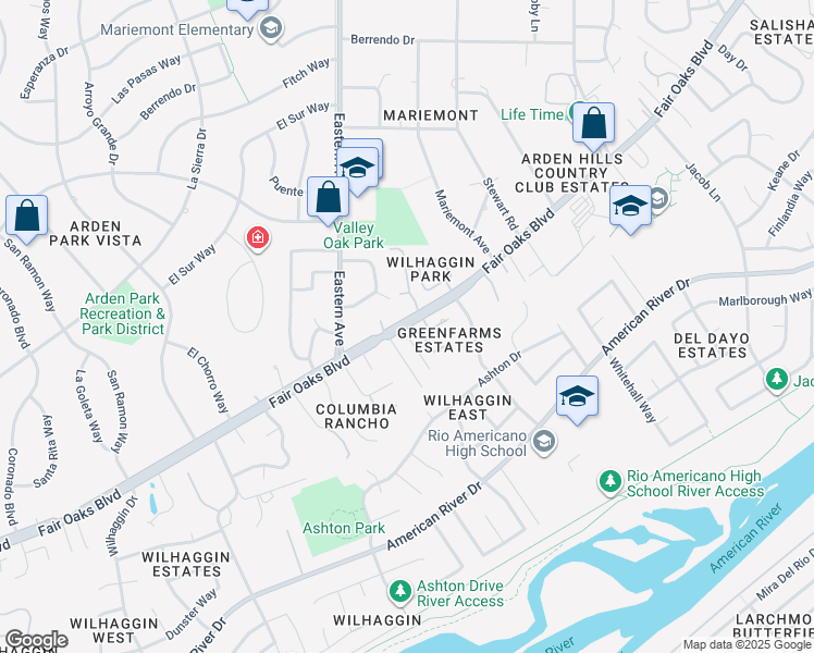 map of restaurants, bars, coffee shops, grocery stores, and more near 4348 Fair Oaks Boulevard in Sacramento