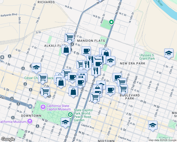 map of restaurants, bars, coffee shops, grocery stores, and more near 728 16th Street in Sacramento