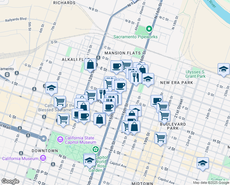 map of restaurants, bars, coffee shops, grocery stores, and more near 728 16th Street in Sacramento