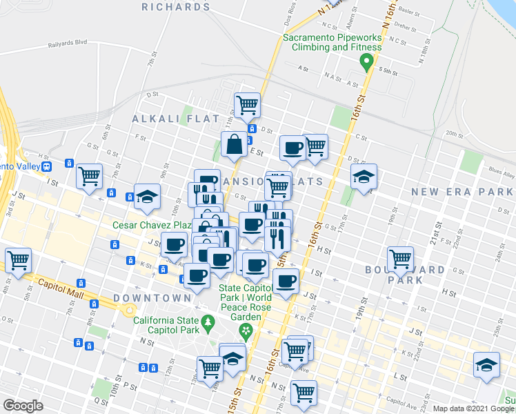 map of restaurants, bars, coffee shops, grocery stores, and more near 1301 H Street in Sacramento
