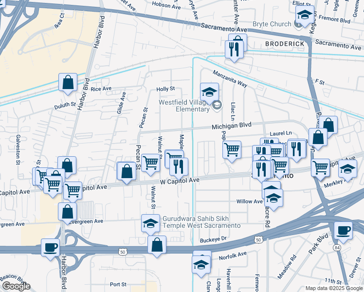 map of restaurants, bars, coffee shops, grocery stores, and more near 701 Maple Street in West Sacramento