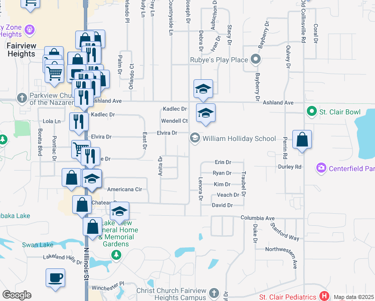 map of restaurants, bars, coffee shops, grocery stores, and more near 500b Joseph Drive in Fairview Heights