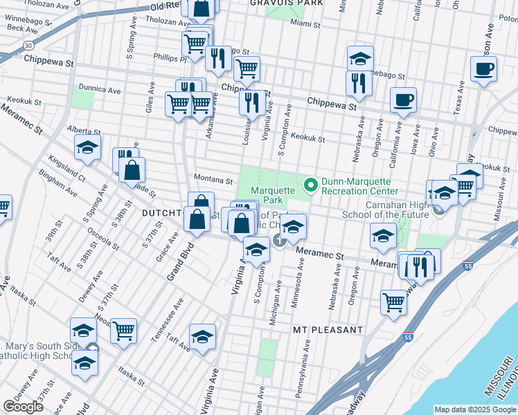 map of restaurants, bars, coffee shops, grocery stores, and more near 4127 South Compton Avenue in St. Louis