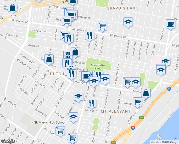 map of restaurants, bars, coffee shops, grocery stores, and more near 4117 Virginia Avenue in St. Louis