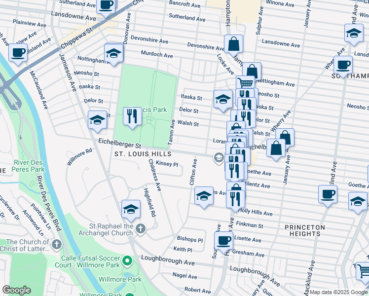 map of restaurants, bars, coffee shops, grocery stores, and more near 6230 Eichelberger Street in St. Louis