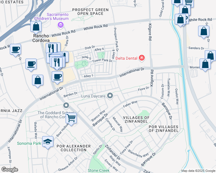 map of restaurants, bars, coffee shops, grocery stores, and more near 10982 Merrick Way in Rancho Cordova