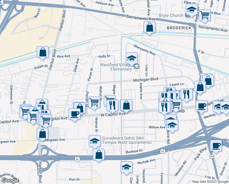 map of restaurants, bars, coffee shops, grocery stores, and more near 701 Maple Street in West Sacramento