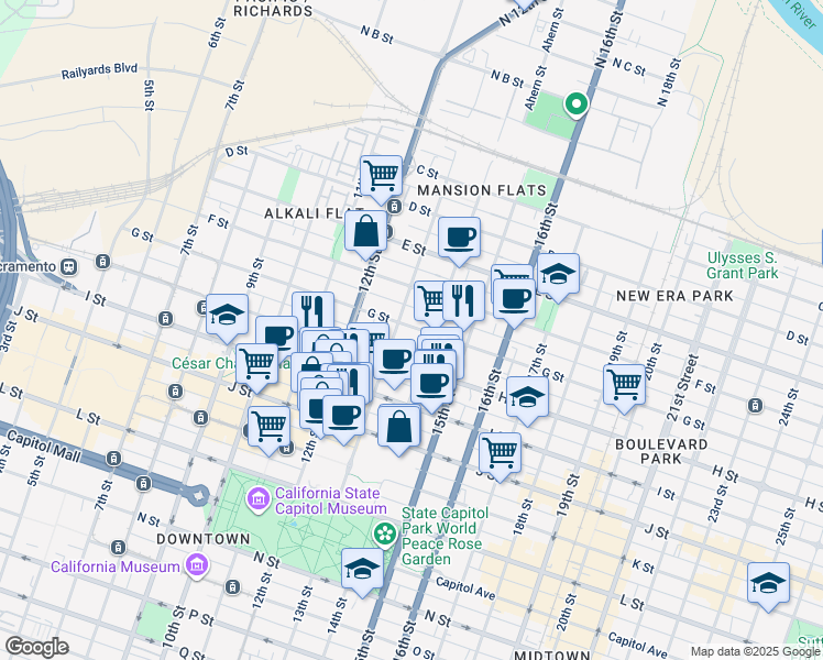 map of restaurants, bars, coffee shops, grocery stores, and more near 1312 G Street in Sacramento