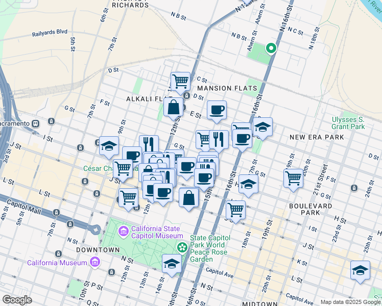 map of restaurants, bars, coffee shops, grocery stores, and more near 1300-1312 G Street in Sacramento