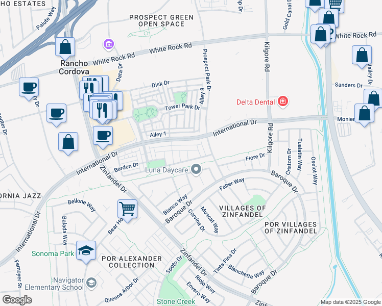 map of restaurants, bars, coffee shops, grocery stores, and more near 10978 Merrick Way in Rancho Cordova