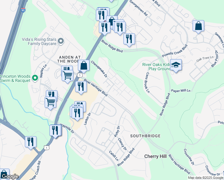 map of restaurants, bars, coffee shops, grocery stores, and more near 16864 Porters Inn Drive in Dumfries