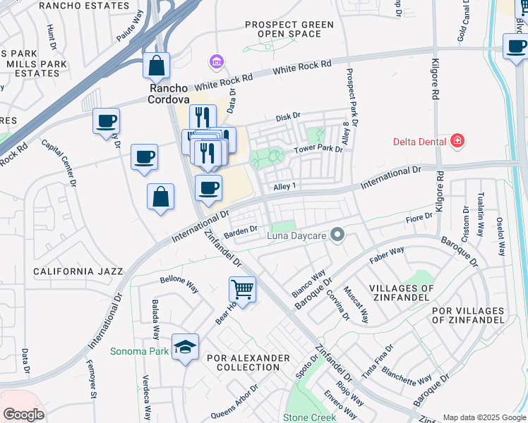 map of restaurants, bars, coffee shops, grocery stores, and more near 3220 Bridgeway Drive in Rancho Cordova