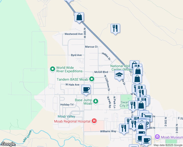 map of restaurants, bars, coffee shops, grocery stores, and more near 445 West McGill Boulevard in Moab